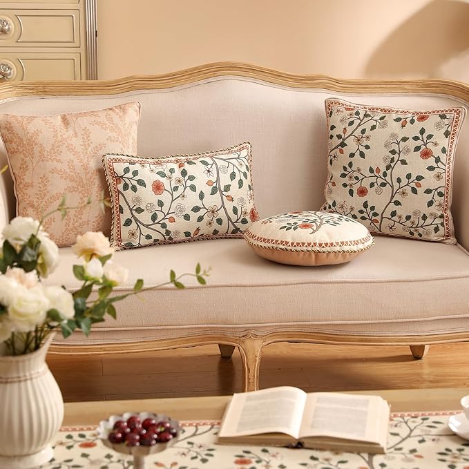 ISAENNE Design Linen Classic Throw Pillow Covers 12"x20", French Farmhouse Rectangle Cushion Covers with Orange White Floral Pattern Decor Pillowcases for Bed,Living Room,Outdoor,Car