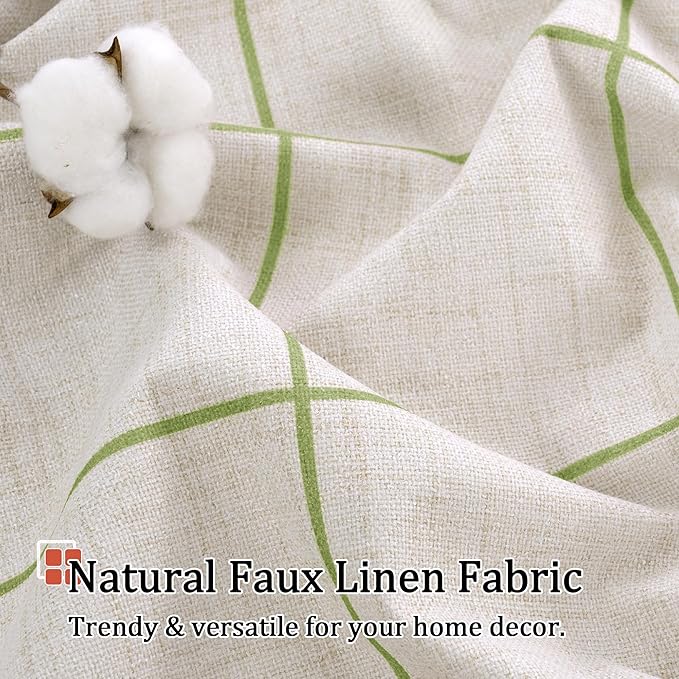 Sage Green Plaid Linen Blackout Curtains for Bedroom - Boho Style Curtains Thermal Insulated, Pattern Printed Rustic Drapes Window Treatments for Farmhouse, 52x63 Inch 2 Panels