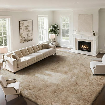 Fluffy Rug Shaggy Area Rug, Beige 9x12 Area Rugs for Living Room, Large Shag Area Rugs for Bedroom Kids Room Home Decor, Upgrade Anti-Skid Rectangular Fuzzy Rugs