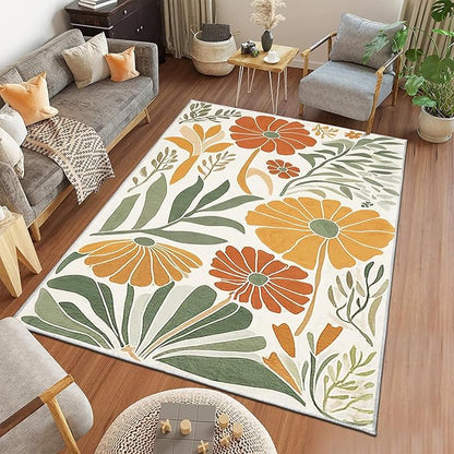 9CH Floral Botanical Aesthetic Area Rugs 7' X 5' Green Terracotta Abstract Flowers Plants Carpets Non-Slip Soft Boho Modern Rug for Bedroom Dining Living Room Kitchen