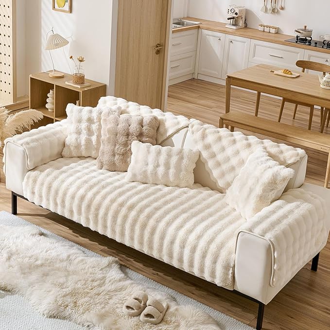 Faux Fur Armrest Cover Backrest Cover Fuzzy Plush Thick Bubble Sofa Cover Luxury Soft Cozy Couch Cover Anti-Slip Sofa Slipcover Washable Furniture Protector (Ivory,28"x28")