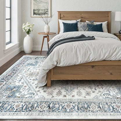 LIVEBOX Washable Area Rug 8x10 - Large Blue Vintage Tribal Living Room Rug Oriental for Bedroom, Non-Slip Retro Medallion Carpet Print Distressed for Dining Room Guest Office