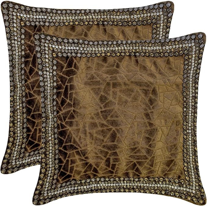 The HomeCentric King/Queen/Twin Brown Decorative Bed Runner Queen 74"x18" Bed Runner with Two Pillow Cover, Border, Crystal, Cut Velvet, Mosiac Pattern Bed Scarf on Velvet Fabric - Velvet Fusion