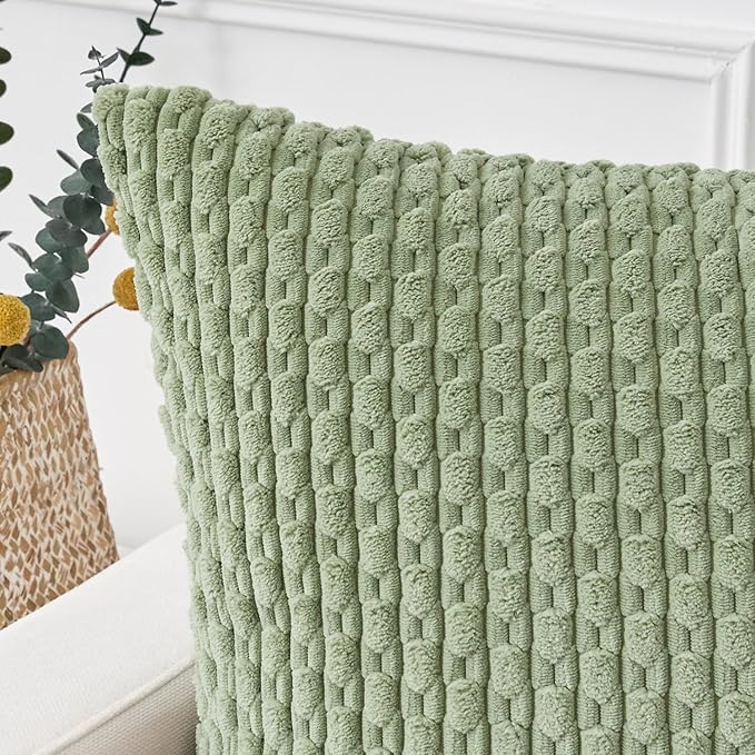 Kevin Textile 12x20 Inch Pillow Cover 1 Pack Boho Decorative Soft Striped Corduroy Lumbar Farmhouse Solid Color Accent Rectangle Cushion Case for Living Room Couch Sofa Bed, Sage Green