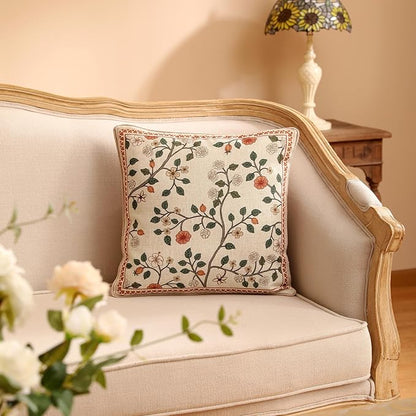 ISAENNE Design Linen Classic Throw Pillow Covers 18"x18", French Farmhouse Square Cushion Covers with Orange White Floral Pattern Decoration Pillowcases for Bed,Living Room,Outdoor,Car