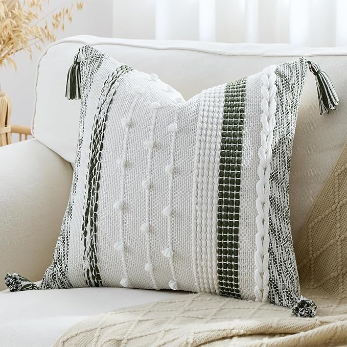 Boho Pillow Cover 18x18 Olive Green - Handmade Woven Textured Throw Pillow Case with Cordings & Tassels, Decorative Accent for Couch Sofa Farmhouse Living Room Home Decor