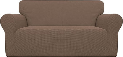 Easy-Going Stretch Loveseat Slipcover 1-Piece Sofa Cover Furniture Protector Couch Soft with Elastic Bottom for Kids Polyester Spandex Jacquard Fabric Small Checks (Loveseat, Brown)