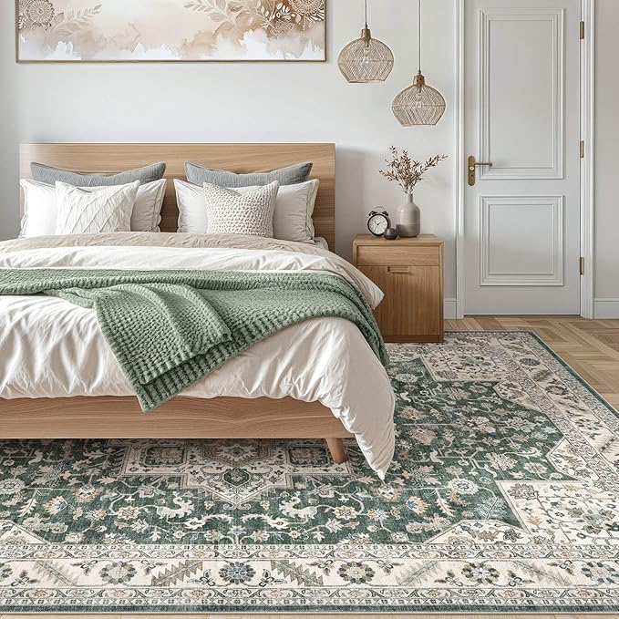 Vintage Living Room Area Rug 5x7 - Large Soft Washable Oriental Traditional Distressed Farmhouse Rugs for Bedroom - Indoor Floor Accent Carpet for Home Office House Decor - Vintage Green