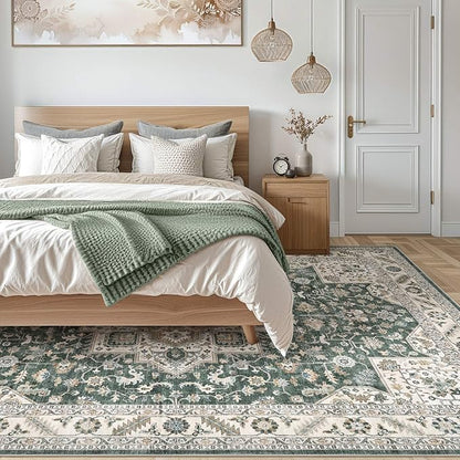 Vintage Living Room Area Rug 10x14 - Large Soft Washable Oriental Traditional Distressed Farmhouse Rugs for Bedroom - Indoor Floor Accent Carpet for Home Office House Decor - Vintage Green