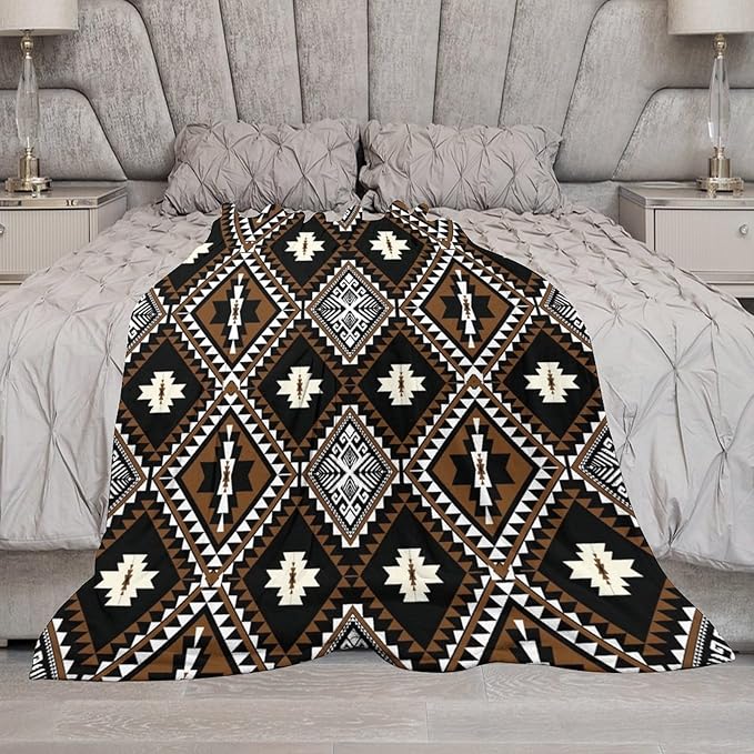 Rustic Western Throw Blanket, Southwestern Bohemian Ethnic Style Native Aztec Pattern Flannel Blanket for Sofa Bed, All Seasons 60"x80"