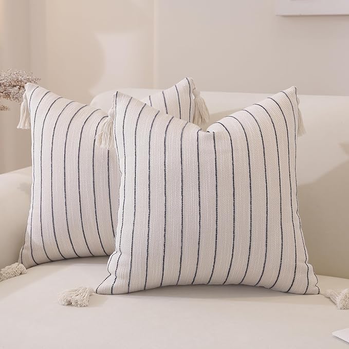 Decorative Boho Throw Pillow Cover 18x18 Inch Set of 2, Textured Linen Striped Throw Pillows with Tassels, Farmhouse Decor Cushion Covers for Couch Bed Living Room, Dusty Blue