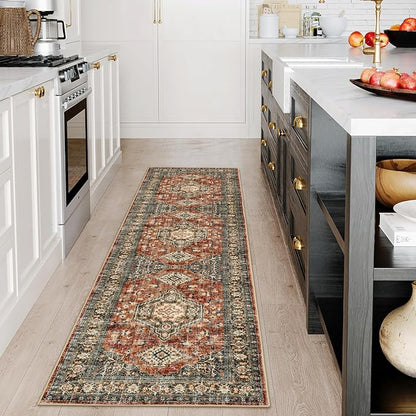 Lahome Oriental Washable Runner Rug Non Slip, 2x7 Rug Runners for Hallways Kitchen, Ultra-Thin Hallway Rugs for Laundry Room Bathroom Bedroom, Brick Red