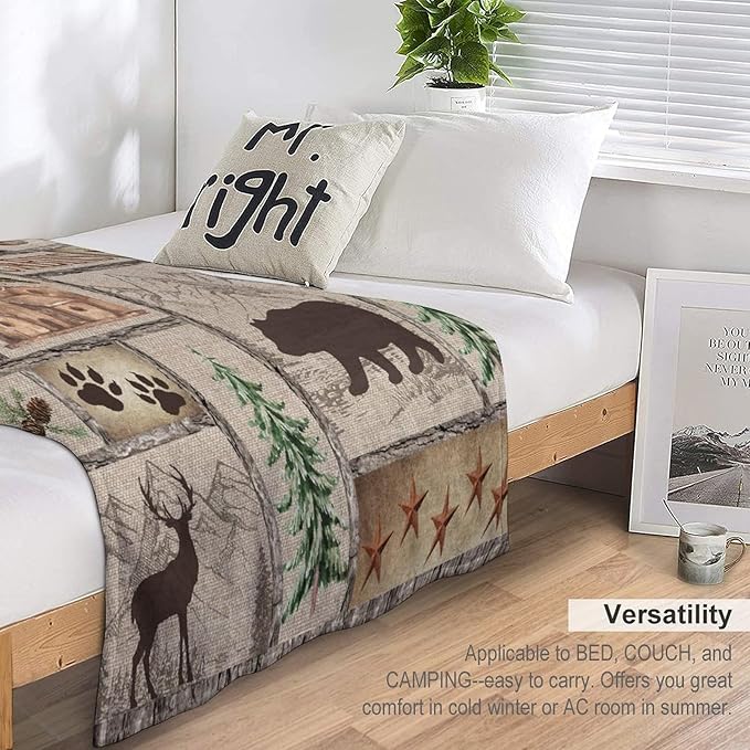 Rustic Cabin Bear Blanket, Lake Country Lodge Bear Deer Forest Farmhouse Camp Print Soft Warm Cozy Lightweight Decorative Blanket for Couch Bed Sofa Travel, 60"x80"