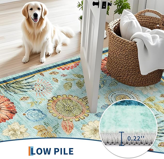 GarveeHome 5x7 Floral Washable Area Rug: Large Living Room Area Rug with Non-Slip Backing Washable Ultra Soft Bedroom Floral Carpet Indoor Stain Resistant Carpet for Dining Room 5 * 7 ft Light Blue