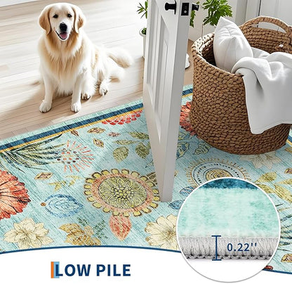 GarveeHome 5x7 Floral Washable Area Rug: Large Living Room Area Rug with Non-Slip Backing Washable Ultra Soft Bedroom Floral Carpet Indoor Stain Resistant Carpet for Dining Room 5 * 7 ft Light Blue