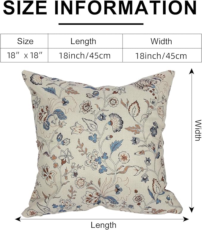 Vintage Flroal Pillow Cover 18x 18 Set of 2, Chinoiserie Blooming Blue Flower Decorative Linen Pillow Cushion Case,Vintage Home Decor for Outdoor Couch Bedroom Car