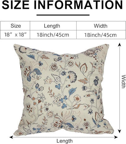 Vintage Flroal Pillow Cover 18x 18 Set of 2, Chinoiserie Blooming Blue Flower Decorative Linen Pillow Cushion Case,Vintage Home Decor for Outdoor Couch Bedroom Car