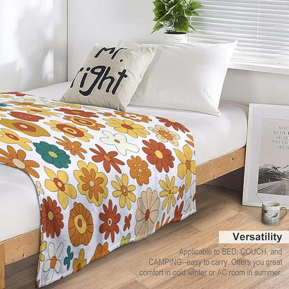 Vintage Hippie Floral Blanket, 70s Boho Abstract Yellow Orange Flowers Funny Print Throw Blanket for Holiday Theme Home Decor Bedding Couch 30"x40"