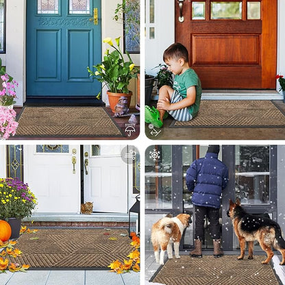 Smiry Front Door Mat Outside Entrance, Heavy Duty Sturdy Natural Rubber Doormat, Trap Dirt and Moisture, Easy Clean Low Profile Mats for Indoor Outdoor Entry, Irregular Triangle (29.5x17, Brown)