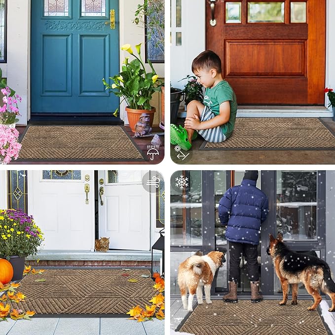 Smiry Front Door Mat Outside Entrance, Heavy Duty Sturdy Natural Rubber Doormat, Trap Dirt and Moisture, Easy Clean Low Profile Mats for Indoor Outdoor Entry, Irregular Triangle (71x34, Brown)