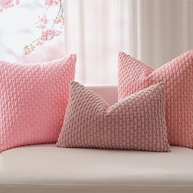 Kevin Textile Valentines Day 12x24 Inch Pillow Cover 1 Pack Boho Decorative Soft Striped Corduroy Lumbar Farmhouse Accent Rectangle Cushion Case for Living Room Couch Sofa Bed, Pink