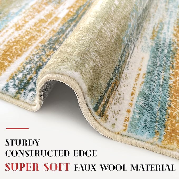 Modern Abstract Runner Rug 2.6x10, Green Mustard Multi Washable Long Kitchen Runner Non-Slip Soft Hallway Rug Runner Thin Print Faux Wool Carpet for Entryway Bedroom Laundry Room Indoor
