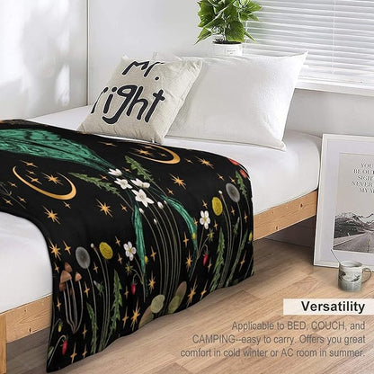Moon Phase Moth Blanket, Vintage Botanical Mushroom Wildflower Gothic Night Moonlit Mysterious Witchy Throws Blanket for Sofa Bed Couch Chair, 50"x60"