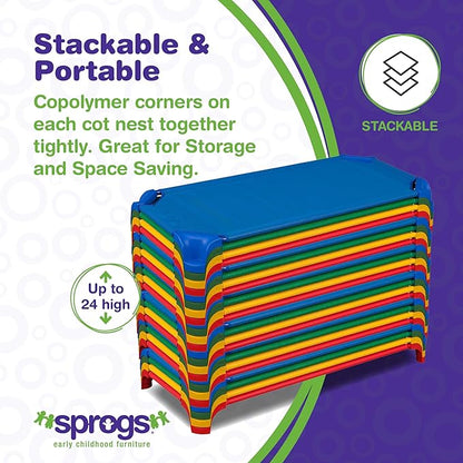 Sprogs Heavy-Duty Stackable Standard Size 52"L Daycare Cots for Kids and Toddlers, Stacking Preschool Classroom Kids Cots for Sleeping, Resting, Naptime, Pack of 4, Assorted Color