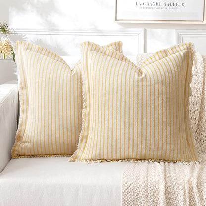 MIULEE Pack of 2 Yellow Pillow Covers 22x22 Inch Striped Farmhouse Couch Throw Pillow Covers with Fringe Chic Cotton Decorative Cushion Covers for Summer Sofa Living Room Bed Outdoor Home Decor