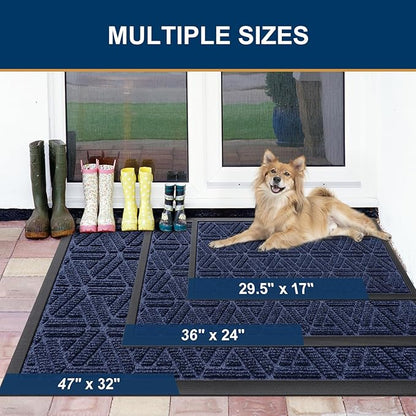 Smiry Front Door Mat Outside Entrance, Heavy Duty Sturdy Natural Rubber Doormat, Trap Dirt and Moisture, Easy Clean Low Profile Mats for Indoor Outdoor Entry, Grid Geometric (71x24, Navy Blue)