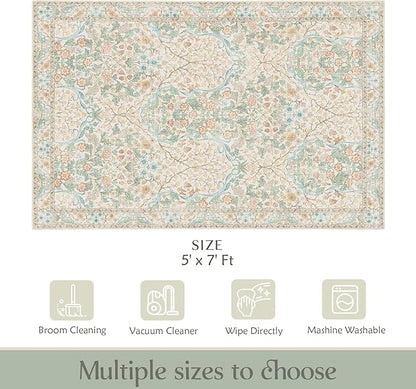 MUJOO Floral 5x7 Area Rugs,Washable Rug for Living Room Bedroom Office Dining Room,Large Throw Carpet,Boho Non Slip Indoor Floor Big Soft Neutral Vintage Ultra-Thin Light Green and Beige