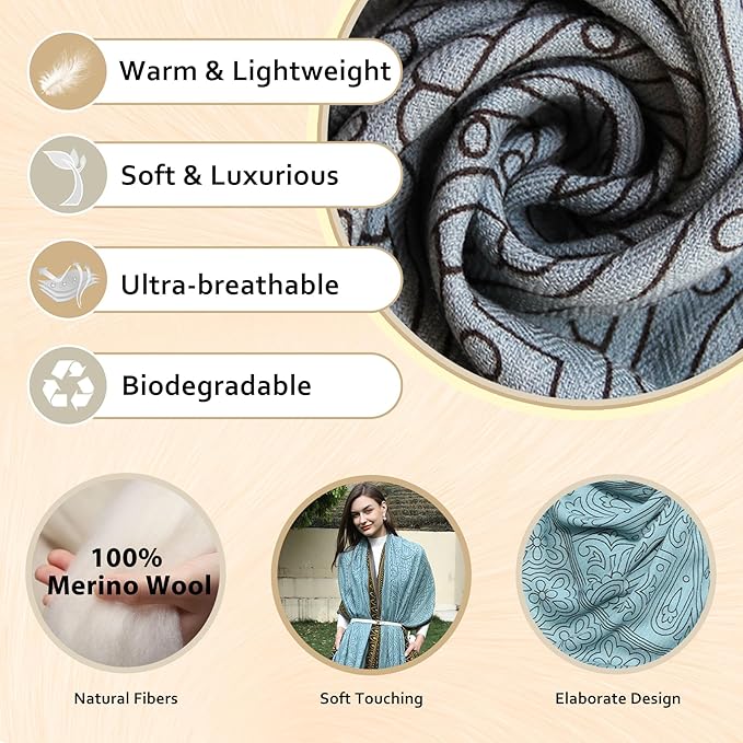 DANA XU 100% Merino Wool Extra Large Pashmina Blanket Travel Scarf Cashmere Wrap for Women Fall Winter Oversize Shawl Floral