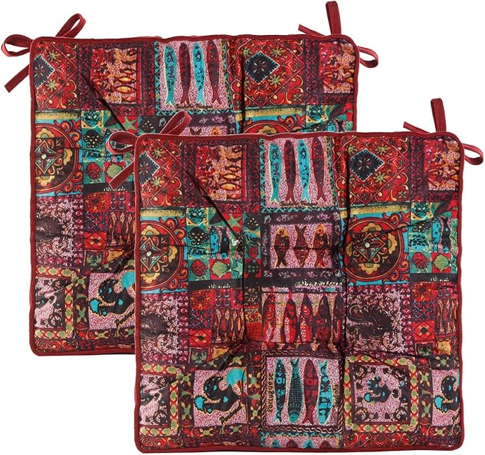 Bohemian Square Seat Cushions for Kitchen Dining Living Tea Room,16.5" x 16.5" Printing Chair Pads with Non-Slip Ties, 2Packs, Red