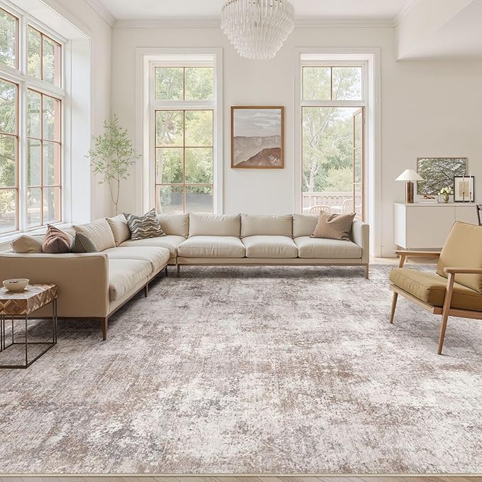 Washable 10X14 Area Rug: Modern Abstract Soft Non-Slip Indoor Rugs - Low Pile Stain Resistant Foldable Rug for Living Room Bedroom Dining Room Playroom Office(Brown,10'x14')