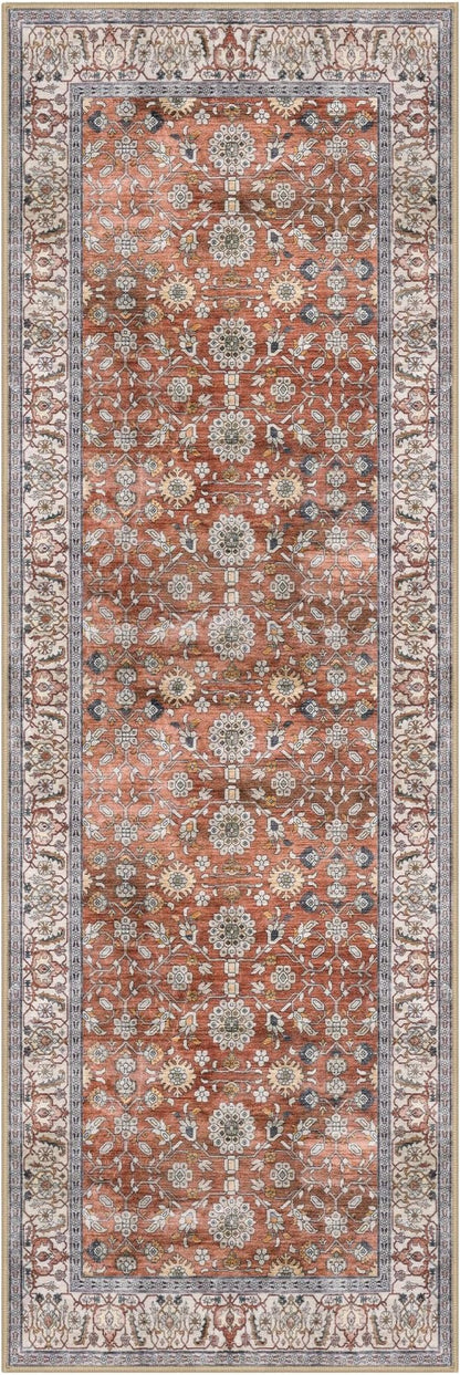 KUTA Runners for Hallways 2x6, Vintage Floral Rug Non-Slip Washable Kitchen Rugs Terracotta Ultra Thin Soft Printed Retro Distressed Flower Carpet Entryway Rugs for Bedroom Laundry Nursery