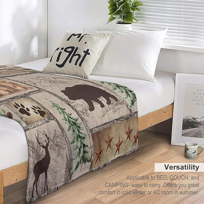 Rustic Cabin Bear Blanket, Lake Country Lodge Bear Deer Forest Farmhouse Camp Print Soft Warm Cozy Lightweight Decorative Blanket for Couch Bed Sofa Travel, 30"x40"