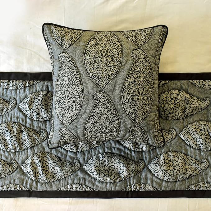 The HomeCentric King/Queen/Twin Grey Decorative CA King 86"x18" Bed Runner with 2 Pillow Cover, Paisley & Beaded Bed Scarf on Jacquard Fabric - Paisley History