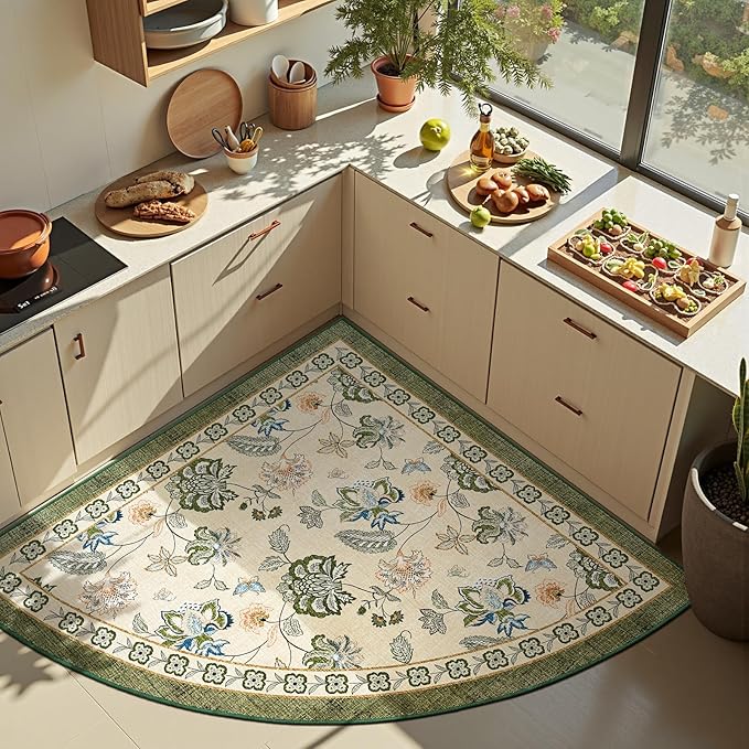 jinchan Elora Floral Corner Rug for Living Room Washable Bedroom Rug Vintage Romance Christmas Design Non Slip Quarter Circle Lightweight Low-Pile Throw Carpet for Reading Nook 6ft Radius Green/Beige