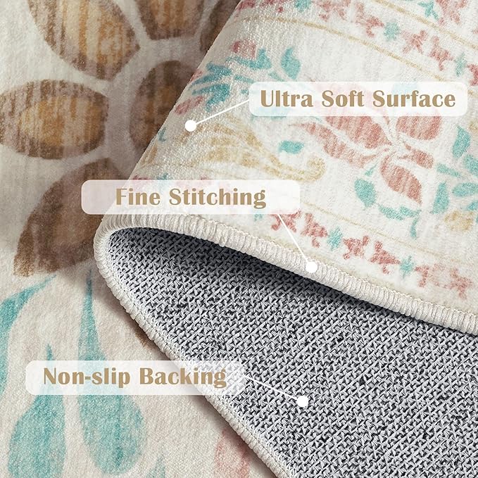 jinchan Floral 5x7 Area Rugs for Nursery - Machine Washable Vintage Distressed Design Soft Ultra-Thin Low-Pile Non-Slip Kids Carpet for Bedroom Living Room Dining Room Home Office (5x7ft, Apricot)