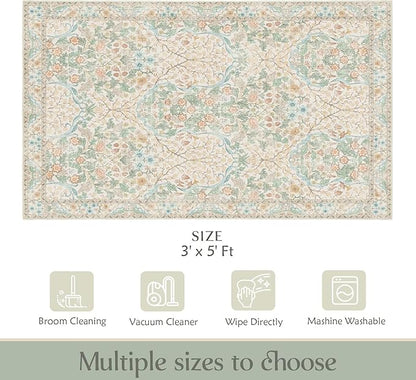 MUJOO 3x5 Rug Washable,Floral Area Rug for Bedroom Office Entryway Living Room Bedside,Small Throw Carpet Boho Non Slip Indoor Floor Neutral Vintage Ultra-Thin Light Green and Beige
