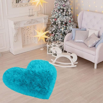 uxcell Heart Shaped Rugs for Bedroom,Small Aesthetic Carpet Girls,Cute Shaggy Floor Mirror Mat,Pastel Furry Throw Rug 2.3ftx3ft, Blue