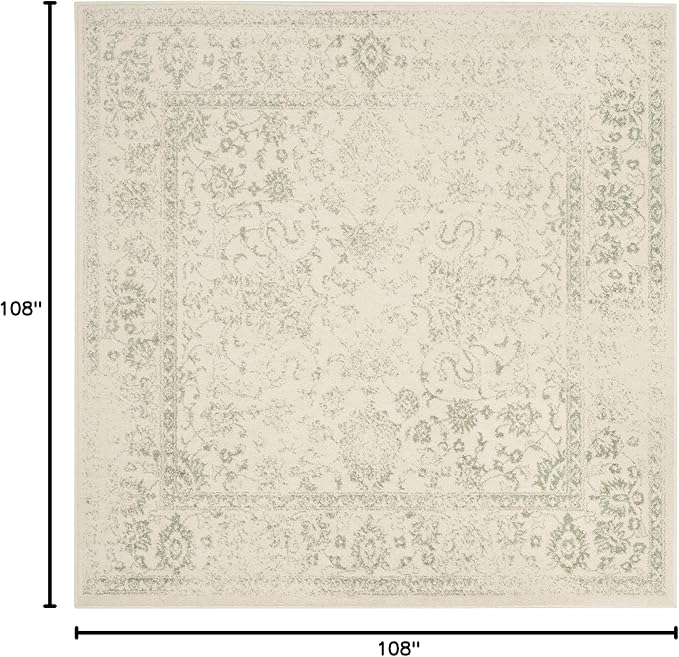 SAFAVIEH Adirondack Collection Area Rug - 9' Square, Ivory & Sage, Distressed Vintage Floral Design, Non-Shedding & Easy to Clean, Ideal for Living Room, Bedroom, Dining Space (ADR109V)