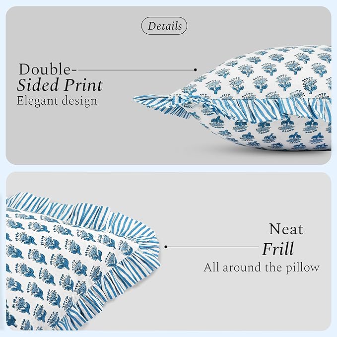 CPC Apatite Blue 100% Cotton Block Print Ruffle Sham Cover 20X36 inch Pack of 2, Handmade Boho Floral Pillowcase, Soft Decorative King Bed Pillow Cover for Bedroom Décor
