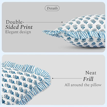 CPC Apatite Blue 100% Cotton Block Print Ruffle Sham Cover 20X30 inch Pack of 2, Handmade Boho Floral Pillowcase, Soft Decorative Lumar Cushion Cover for Bedroom Décor