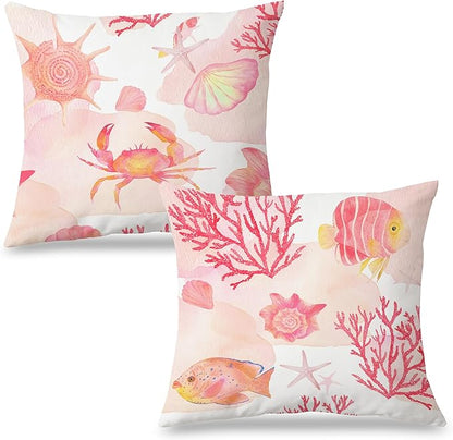 Pink Coastal Beach Pillow Covers 18x18 Set of 2, Beachy Room Decor Aesthetic, Ocean Coral Crab Fish Seashell Coastal Decorative Throw Pillow Covers for Home Bedroom Living Room