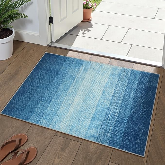 Wonnitar Modern Ombre Small 2x3 Rug for Entryway, Blue Washable Bathroom Soft Throw Mats, Non-Slip Abstract Gradient Area Rug 2x3 Front Door Mat for Indoor Entryway Bedroom Kitchen (Blue, 2'x3')