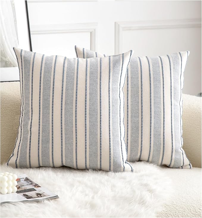 Decorative Boho Throw Pillow Covers, Farmhouse Textured Pillow Case, 18 x 18 Inch Set of 2, Chair Sofa Bedroom Living Room Home Decor Couch Cushion Case, Classic Blue and Beige Striped