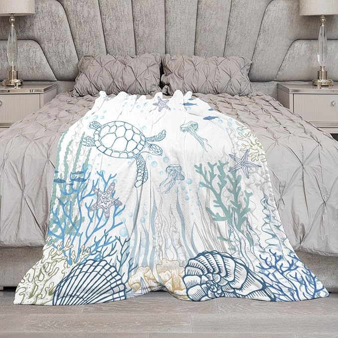 Nautical Turtle Throw Blanket, Coastal Sea Ocean Theme Coral Starfish Seashell Jellyfish Undersea Life Fleece Blanket for Summer Home Bed Sofa Couch Chair, 30"x40"