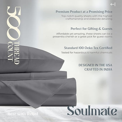 Mayfair Linen 100% Cotton Bed Sheets California King Sheet Set - 500 Thread Count Sheets Cal King Size 4 PC Set (Dark Grey), Soft, Cooling, 16" Deep Pocket Sateen Cotton Bedsheet for Hot Sleepers