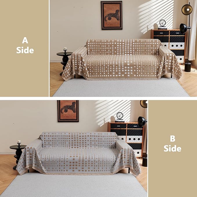 MEETSKY Boho Couch Cover Sofa Covers, Chenille Geometric Khaki Couch Covers for Love Seat Couch Covers for 2 Cushion Couch Sofa Pet Friendly, Washable Sofa Slipcover with Tassels, 71" x 118"